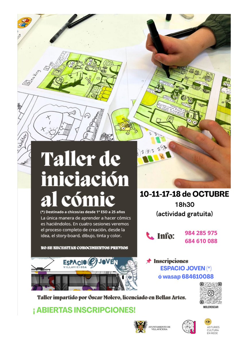 Vamos a llenar el #EspacioJiven de cómics y de nuestras historias 

✏️✏️✏️🗯️💬💭Taller Cómic 
➡️ inicio viernes 10 oct 18h30
🆓 Jóvenes desde 1 ESO a 25 años 

<a href="/Mocedastur/">D.G. Juventud</a> <a href="/TurVillaviciosa/">Turismo Villaviciosa</a>