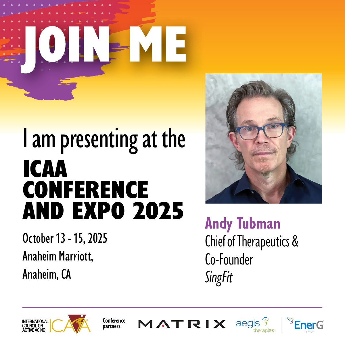Don’t miss our Co-Founder &amp; Chief Clinical Officer, Andy Tubman, sharing how active music-making &amp; tech are transforming health for aging adults.

Oct 14 | 4 PM | Grand Ballroom
Democratizing Music as Medicine for the Aging Population Through Technology

👋🎵 SingFit Booth 405