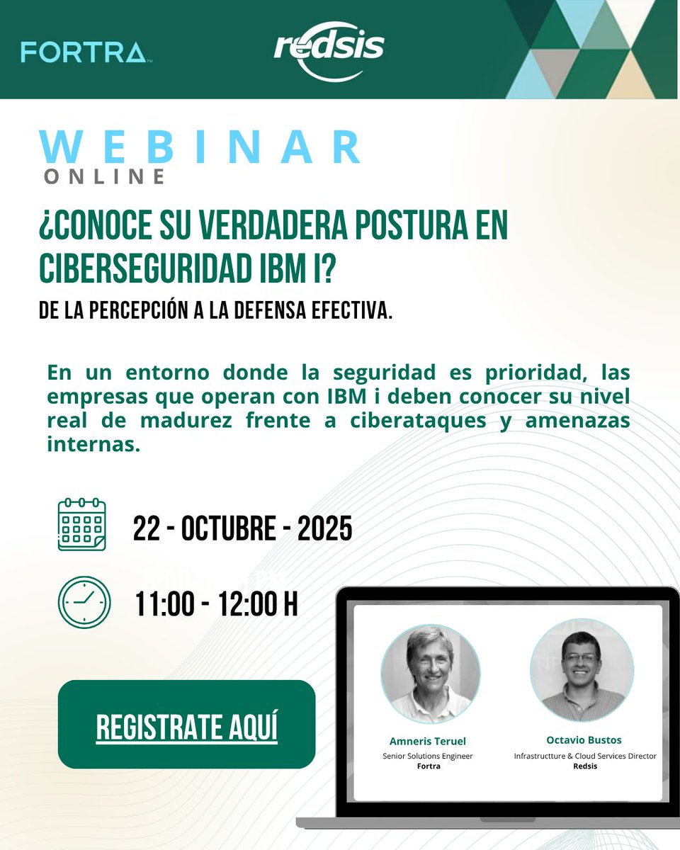 🎯Webinar 
¿Está su entorno IBM i realmente protegido?
Los resultados del IBM i Marketplace Survey revelan brechas importantes entre la percepción y la realidad de la ciberseguridad.
📆Miércoles 22 de octubre | 11:00 a.m. (-05)
📍 Inscríbase aquí 🔗register.gotowebinar.com/register/11153…