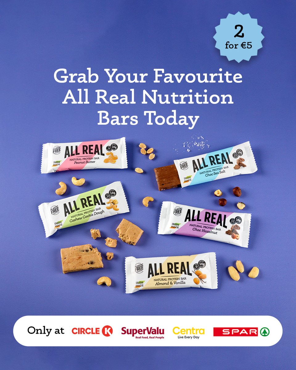 AllRealN's tweet image. Fuel your day with All Real Nutrition bars! Grab your favourite flavours in stores around Ireland today. 🍫💪

Current deal: 2 for €5 at Supervalu, Centra, CircleK, and Spar for a limited time only. Don’t miss out!

#AllRealNutrition #ProteinOnTheGo #HealthySnacking #SnackSmart