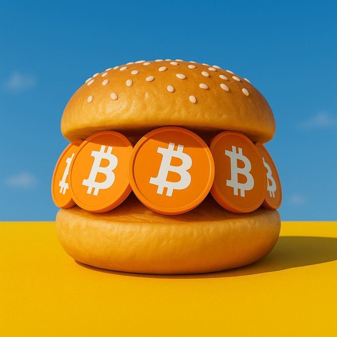 A 3D rendered hamburger bun in golden brown with sesame seeds sits on a bright yellow surface under a clear blue sky. The burger patty is replaced by multiple orange-colored Bitcoin coins stacked circularly inside the bun forming the filling. The coins feature the Bitcoin logo prominently. No text or watermarks visible.