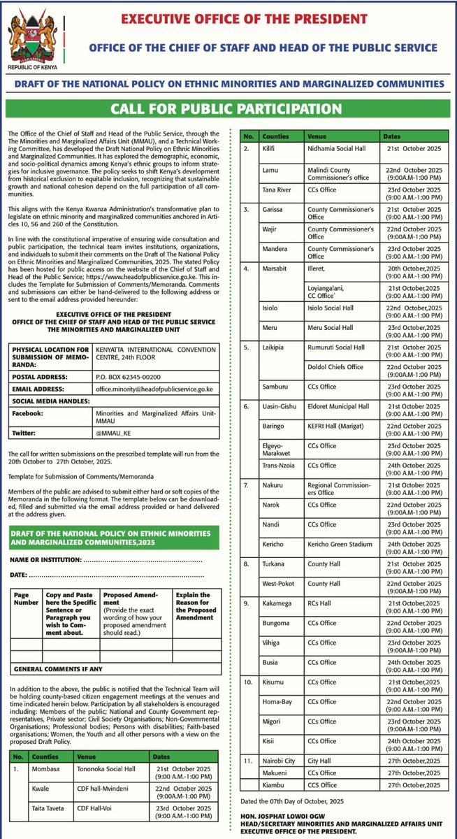 Call for Public Participation!
Join us as we engage Kenyans on the Draft National Policy on Ethnic Minorities and Marginalized Communities, 2025.
 Public forums: 21st–27th October 2025
Across all 47 counties
Your voice matters in shaping an inclusive Kenya! 
#Inclusion #MMAUke