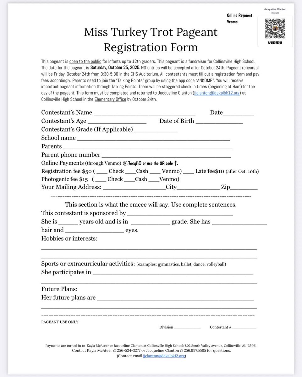 Turkey Trot Pageant: The last day for early entry is Friday, October 10th ($50 entry fee) after Oct. 10th the fee increases to $60.