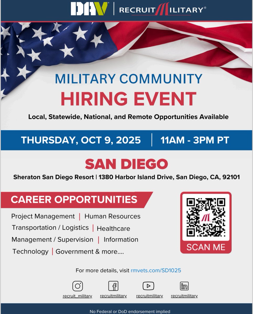 zero8hundred's tweet image. Check Out this Military Community Hiring Event!
For more information, please visit rmvets.com/SD1025
#veteranshelpingveterans #zero8hundred #hiring #sandiego