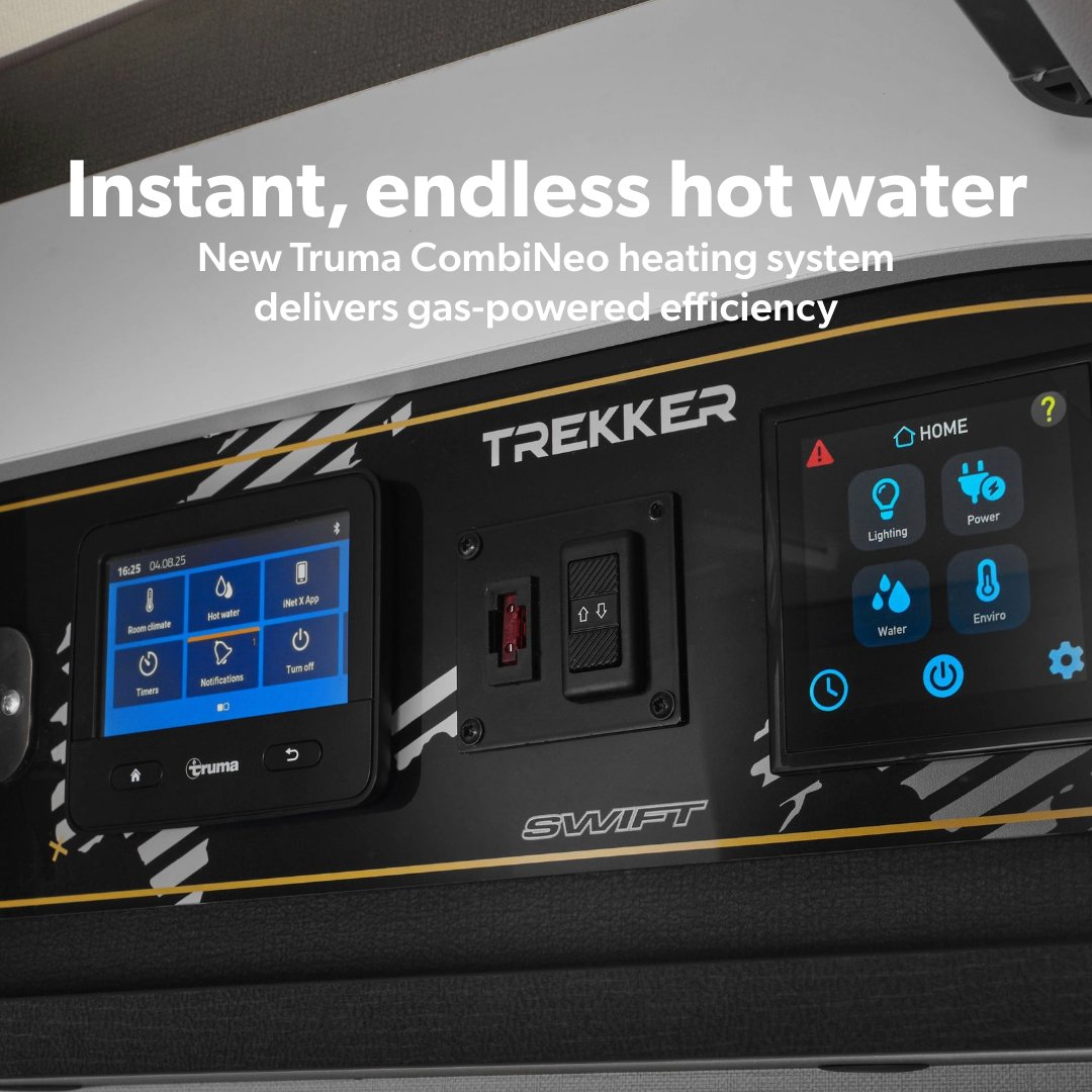 swiftgroup's tweet image. Trekker just got bigger 😲 We&apos;ve brought the bold adventurous spirit of our popular camper into a motorhome, check it out 👇

We think you’ll love:

🔥 Truma CombiNeo Heating &amp;amp; Hot Water = hot showers in ~8 mins &amp;amp; instant warmth
📹 Rear reversing camera + bold graphics = look…