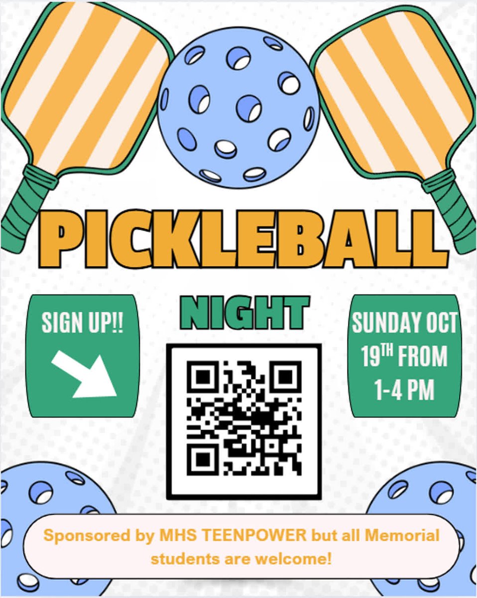 🏓 Get ready for Pickleball Night! 🏓
Join MHS TeenPower for a fun afternoon of friendly competition, prizes, and laughter!
📅 Date: Saturday, October 19
📍 Location: Wesselman’s Courts
🕐 Time: 12:30–4:15 PM (16 courts reserved until 4:30!)

Enjoy recreational pickleball, prizes