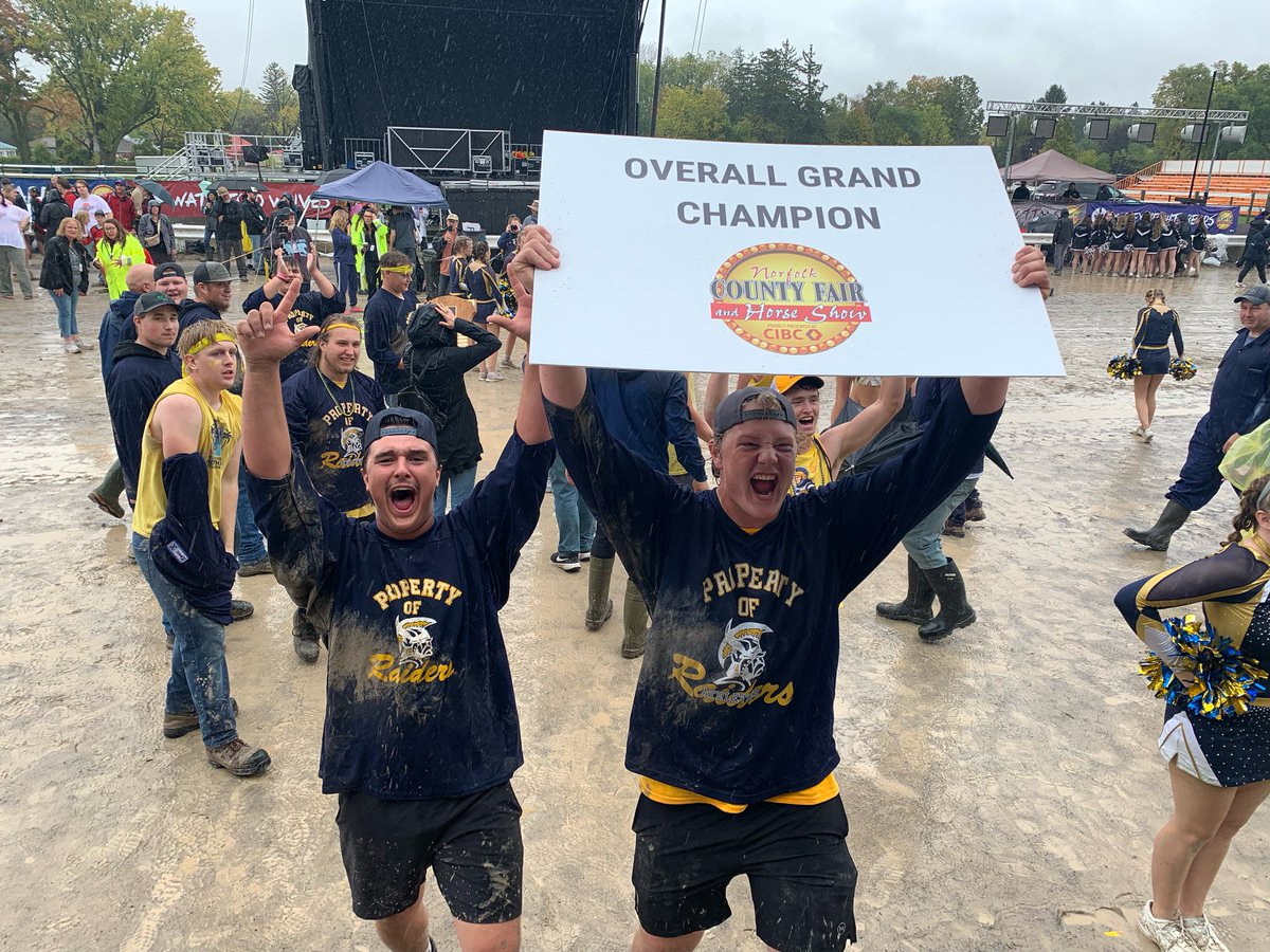 Sign says it all: Delhi Raiders are Young Canada Day grand champions at the Norfolk County Fair. Holy Trinity and Valley Heights schools tied for second and Waterford and Simcoe Composite tied for third.