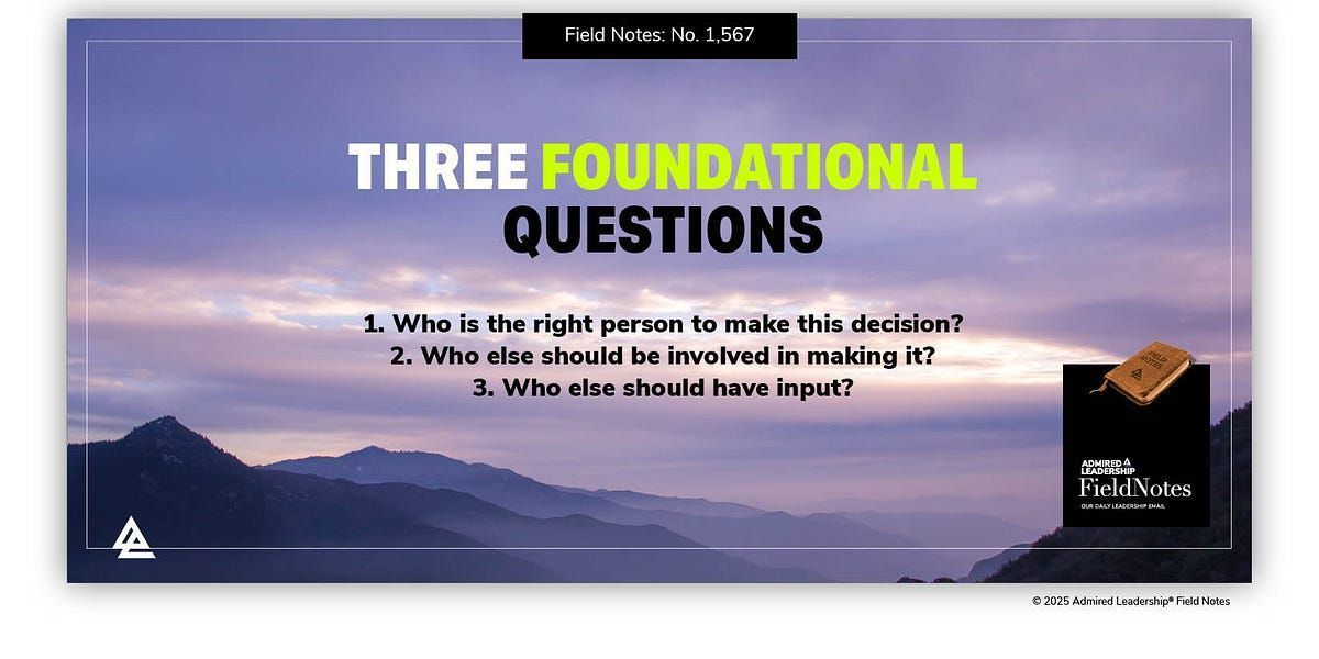 Great leaders don’t just delegate — they delegate well.

Before handing off a decision, ask:
1️⃣ Who’s the right person?
2️⃣ Who should help make it?
3️⃣ Who should have input?

Three simple questions = better decisions + stronger teams. 

buff.ly/C0CwJxQ