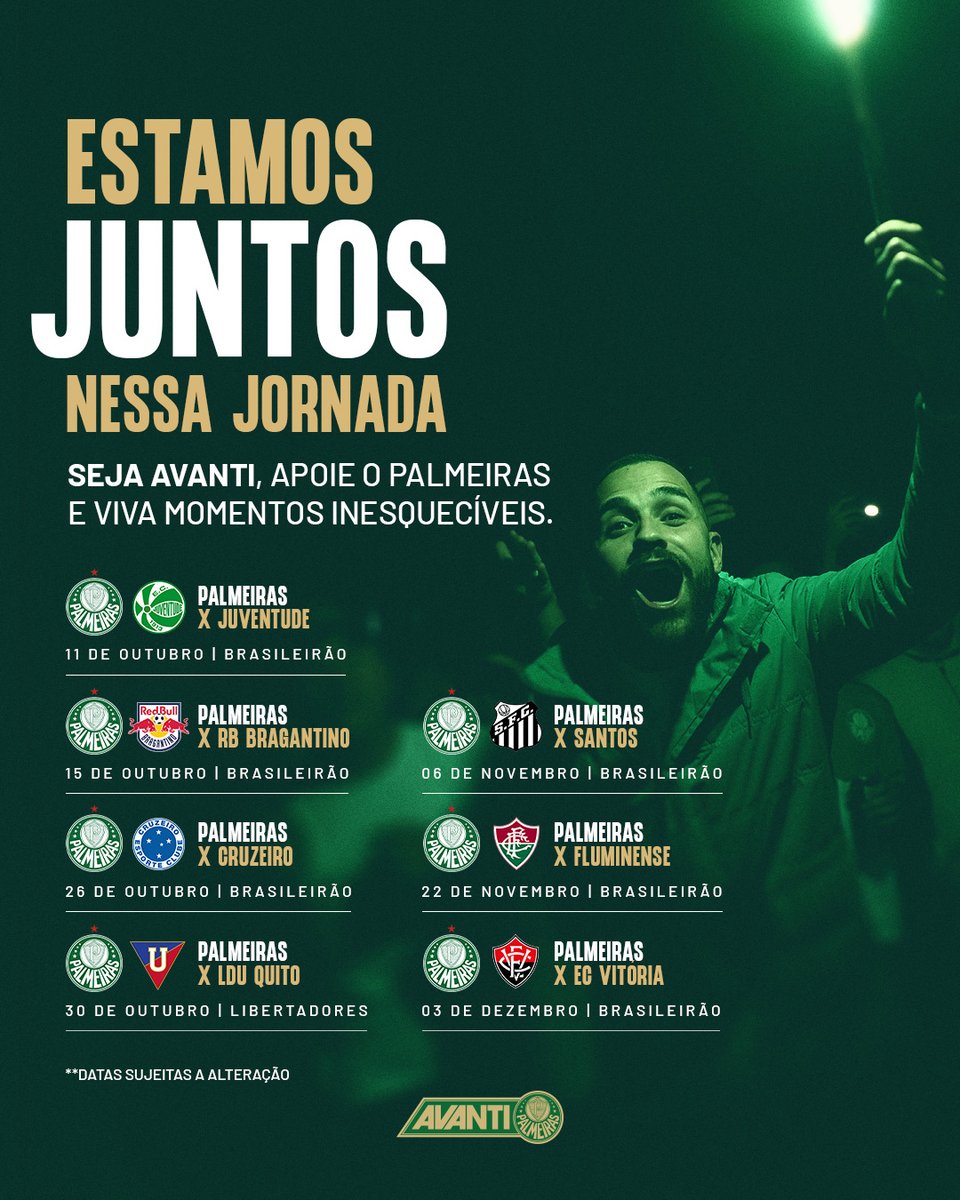 avantipalmeiras's tweet image. Quem é Avanti vive cada jogo de um jeito diferente 💚⚽
Os próximos duelos em casa já estão marcados no calendário, e quem é sócio tem a prioridade na compra de ingressos 🏆🐷
Faça parte 👉 palmeiras.com.br/avanti/
#OPoderDoAvanti