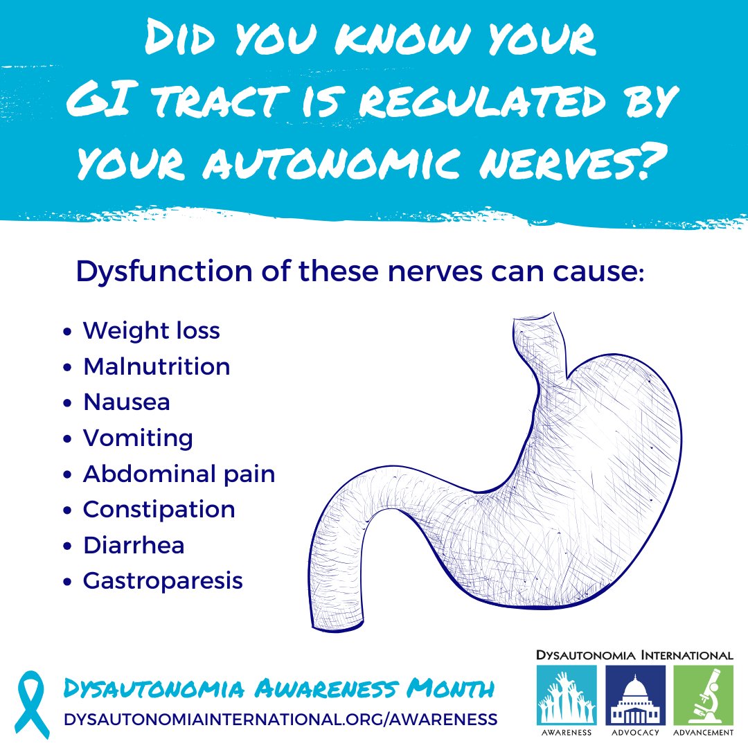 Dysautonomia Intl. (@dysautonomia) on Twitter photo October is #DysautonomiaAwarenessMonth! The autonomic nerves play an important role in regulating GI motility and the release of digestive juices. People living with various forms of dysautonomia can have significant GI symptoms.
Learn more at dysautonomiainternational.org/whatisdys October is #DysautonomiaAwarenessMonth! The autonomic nerves play an important role in regulating GI motility and the release of digestive juices. People living with various forms of dysautonomia can have significant GI symptoms.
Learn more at dysautonomiainternational.org/whatisdys