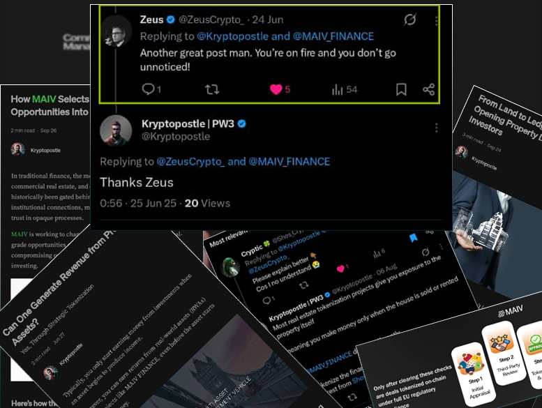 Kryptopostle's tweet photo. Recognition from MAIV Head of Community.

Not much but honest work 🙂 https://t.co/1ZdOypKFpw