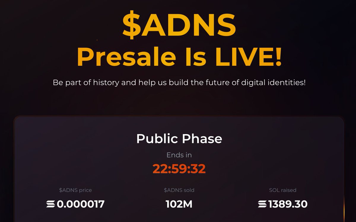 DeVinshh's tweet photo. Hugeee 100+ $ADNS Sold In WL Sale 1350+ $SOL Worth Of Tokens 🔥 300k$ +

Now Public Phase Is Live 23hrs To Go
Join Now N Partcipate Price 0.0038$ Per Token https://t.co/ueP5rMu5Hb 

@AllDomains_ @AllDomainsFDN #ADNS #SOLANA #PreSale https://t.co/YztfG96nQp