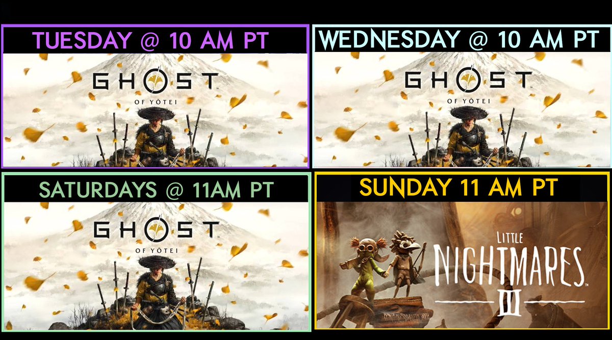 < Repost to announce >

Ghost of Yōtei all week on Twitch/#DechartGames
+ Sunday we'll play Little Nightmares III in co-op!