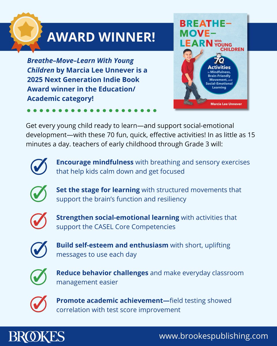 BrookesPubCo's tweet image. Did you know that a combination of mindful breathing &amp;amp; brain-friendly physical activity can help get every child emotionally regulated and #ReadyToLearn? See how in the award-winning Breathe—Move—Learn With Young Children: monkeylink.co/4fe5cd #MovementBasedLearning #ECE #SEL