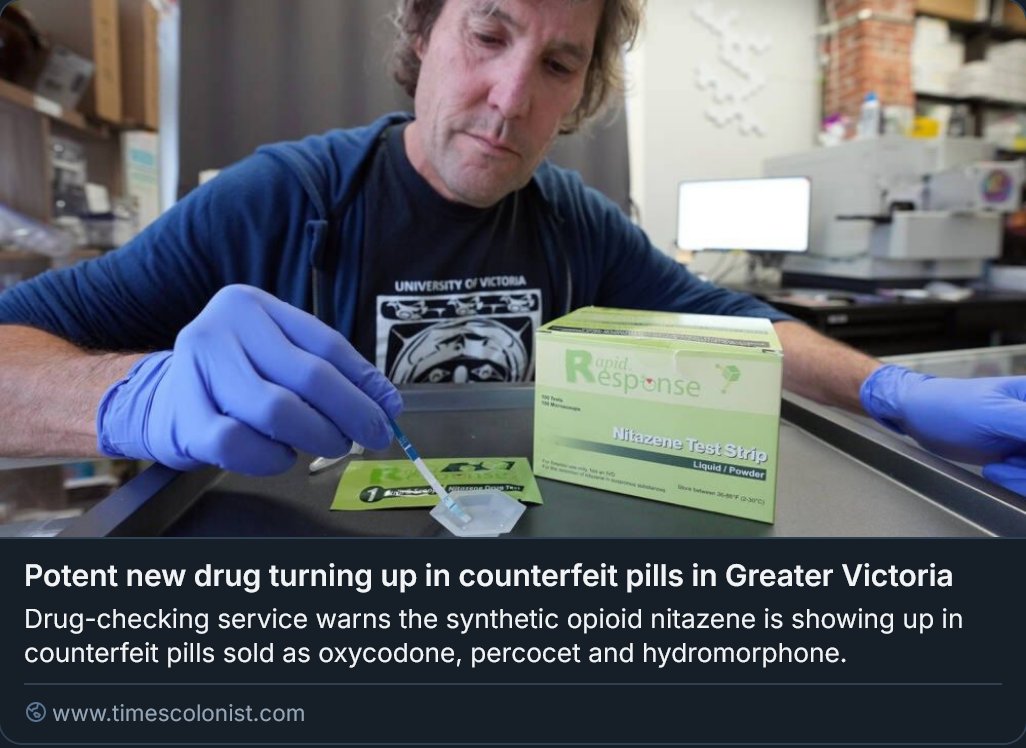 VIMentalHealth's tweet image. &quot;The synthetic opioid #nitazene, first detected in Canada’s drug supply in 2019, is showing up on #VancouverIsland in counterfeit pressed pills sold as #oxycodone, #percocet and #hydromorphone, according to @uvic&apos;s Substance Drug Checking&quot; #BritishColumbia timescolonist.com/local-news/pot…