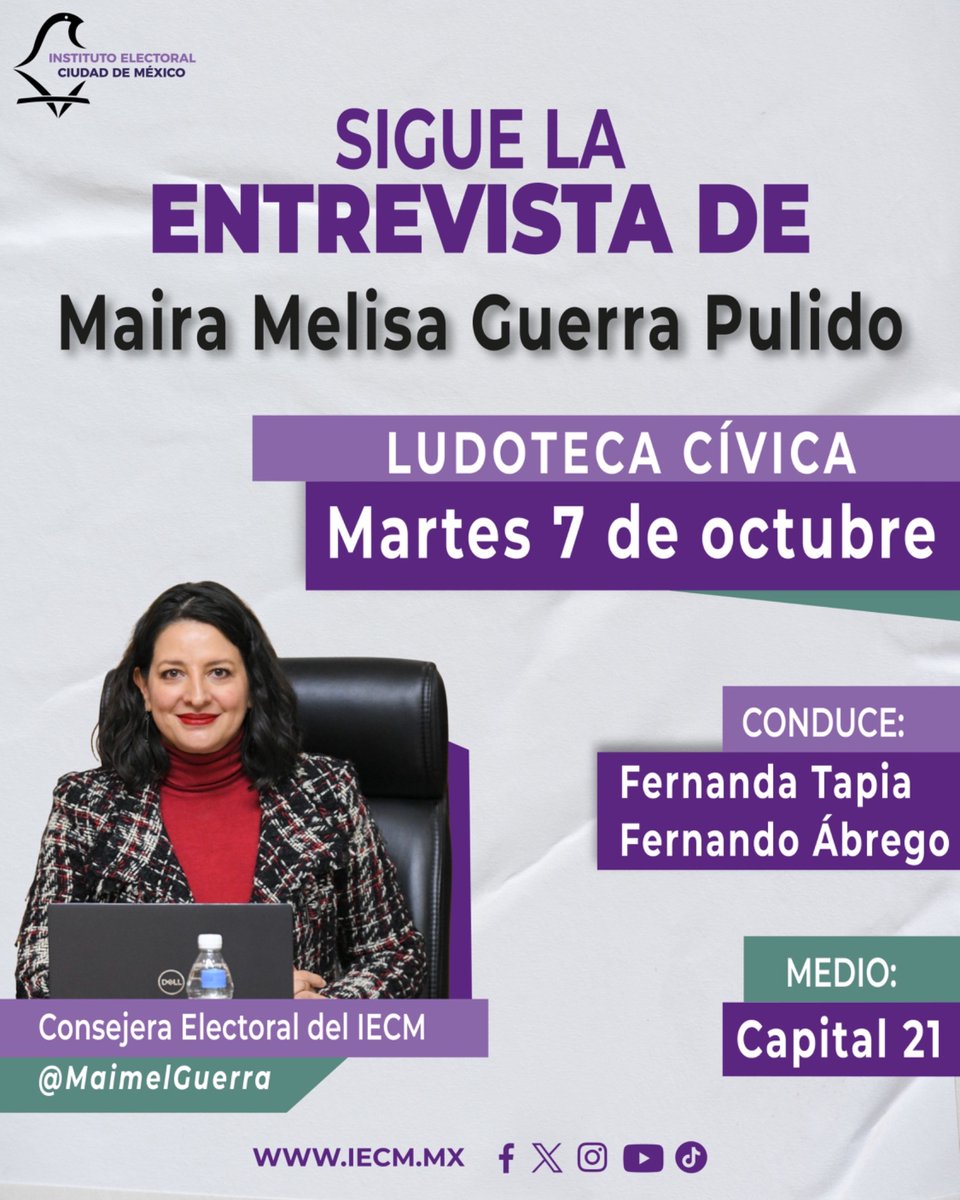 🚨¡#EnVivo!🚨
Sigue la entrevista de la Consejera Electoral del #IECM <a href="/maimelguerra/">Melisa Guerra (ella)</a> sobre la Ludoteca Cívica con <a href="/TapiaFernanda/">Fernanda Tapia‏</a> y <a href="/ciriacoelcharro/">Ciriaco el Charro</a> en <a href="/Capital21_Tv/">Capital 21</a>

#InstitutoElectoral