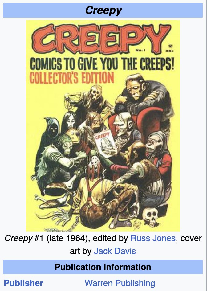 johnnykinch's tweet image. Do you believe in fate? My next film is called WARREN and I created a teaser comic by the same name which is currently printing. However, whilst browsing the net I came across the following info. 

Creepy was an American horror comics magazine launched by WARREN Publishing in…