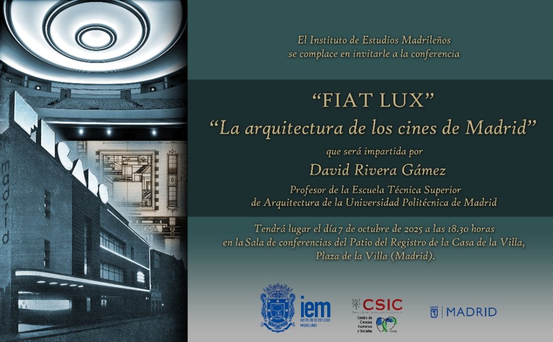 Nuestro nuevo ciclo de conferencias va a ser...de cine 🎥🎞️ 
Y comenzamos con David Rivera <a href="/ETSAMadrid/">ETSAM</a> sobre "La arquitectura de los cines de Madrid" 

Presencial y online en: youtube.com/@institutodees…