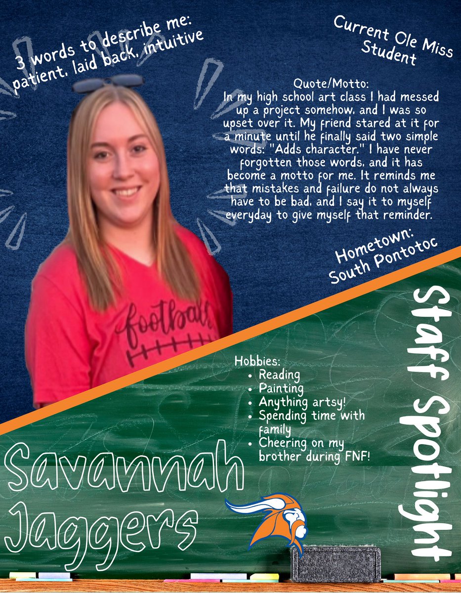 🔵🟠STAFF SPOTLIGHT🟠🔵
Ms. Savannah Jaggers is our ISS teacher. We are thankful for all she does!
Activities: Outside of school I have a side business making personalized artwork and crafts.
Random Facts: I am half-deaf with 75% hearing loss in the left ear and 25% in the right.