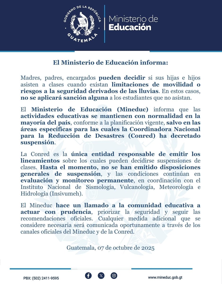 📚 Mineduc informa que padres podrán decidir si sus hijos asisten a clases ante lluvias o riesgos de movilidad, sin sanciones. Las clases continúan normalmente, salvo en zonas donde Conred haya decretado suspensión. Se recomienda priorizar la seguridad y seguir alertas oficiales.