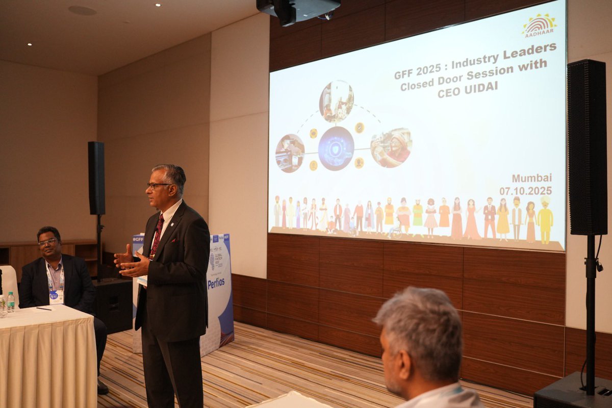 UIDAI's tweet image. CEO, UIDAI, interacted with industry leaders at the Industry Closed Room session during #GFF2025.
#Aadhaar #GFF #GlobalFintechFest