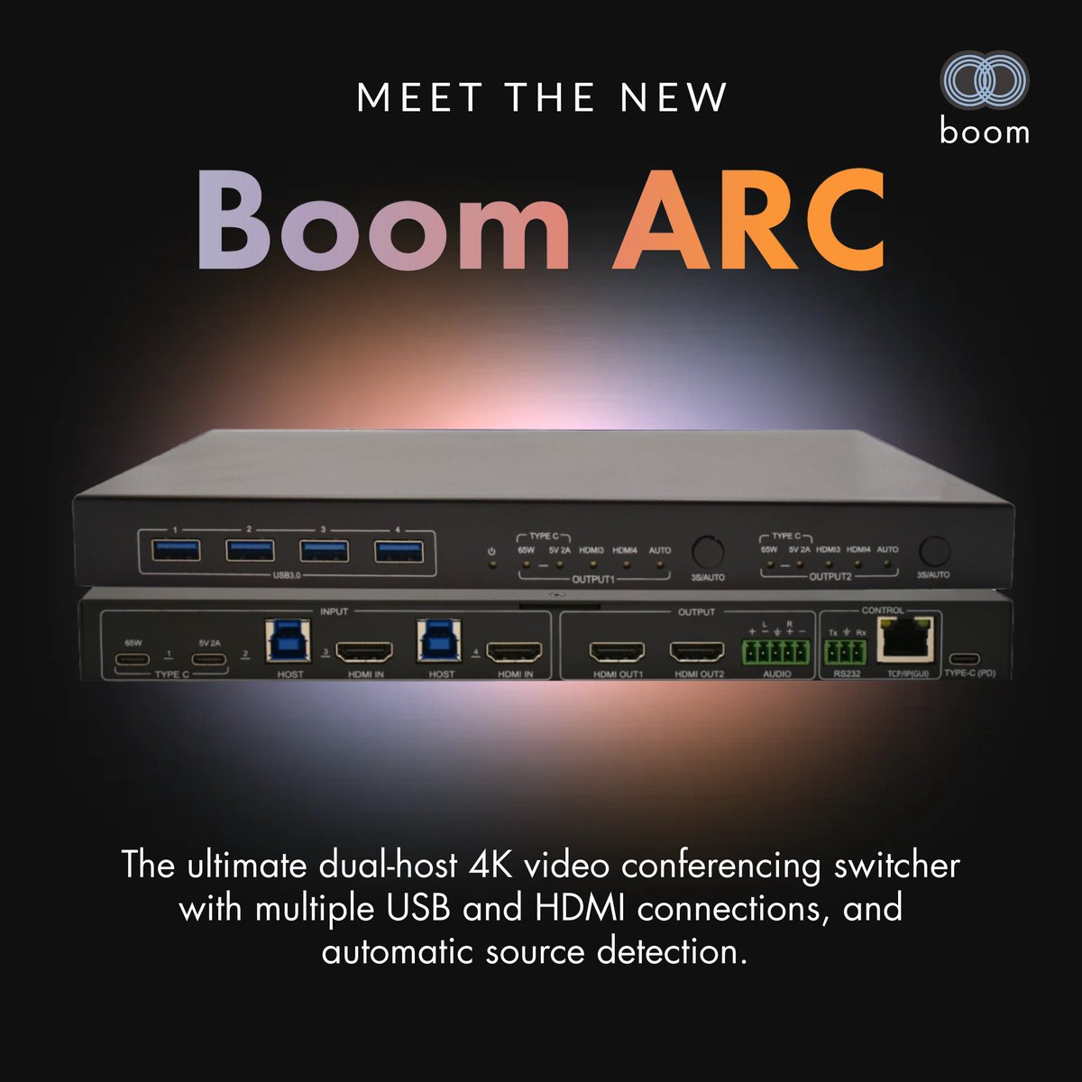 BoomCollab's tweet photo. 🚀 Meet the new Boom ARC – the ultimate dual-host 4K video conferencing switcher designed for the future of hybrid collaboration.

👉Book a demo with us to learn more about it: https://t.co/HPhlsGh96F

#BoomCollaboration #BoomARC #VideoConferencing #HybridMeetings https://t.co/n25Y8ZiGRO