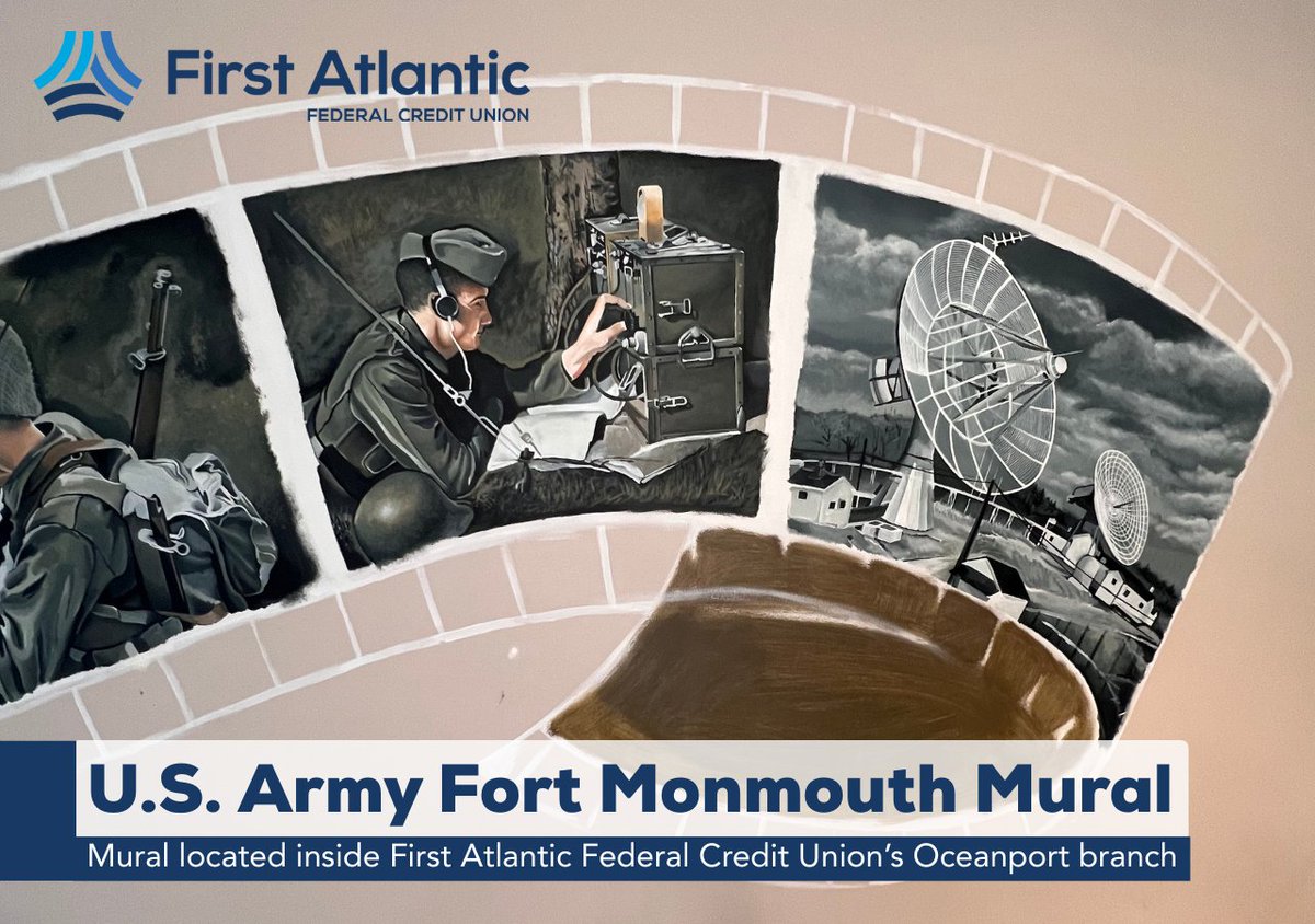 FirstAtlanticCU's tweet image. Thank you to local artist Brendan Ryan for transforming our space with a mural that captures the heart and soul of the U.S. Army Fort Monmouth Base. A beautiful tribute to community, creativity, and the evolution of communications. #MilitaryTribute #EvolutionOfCommunications