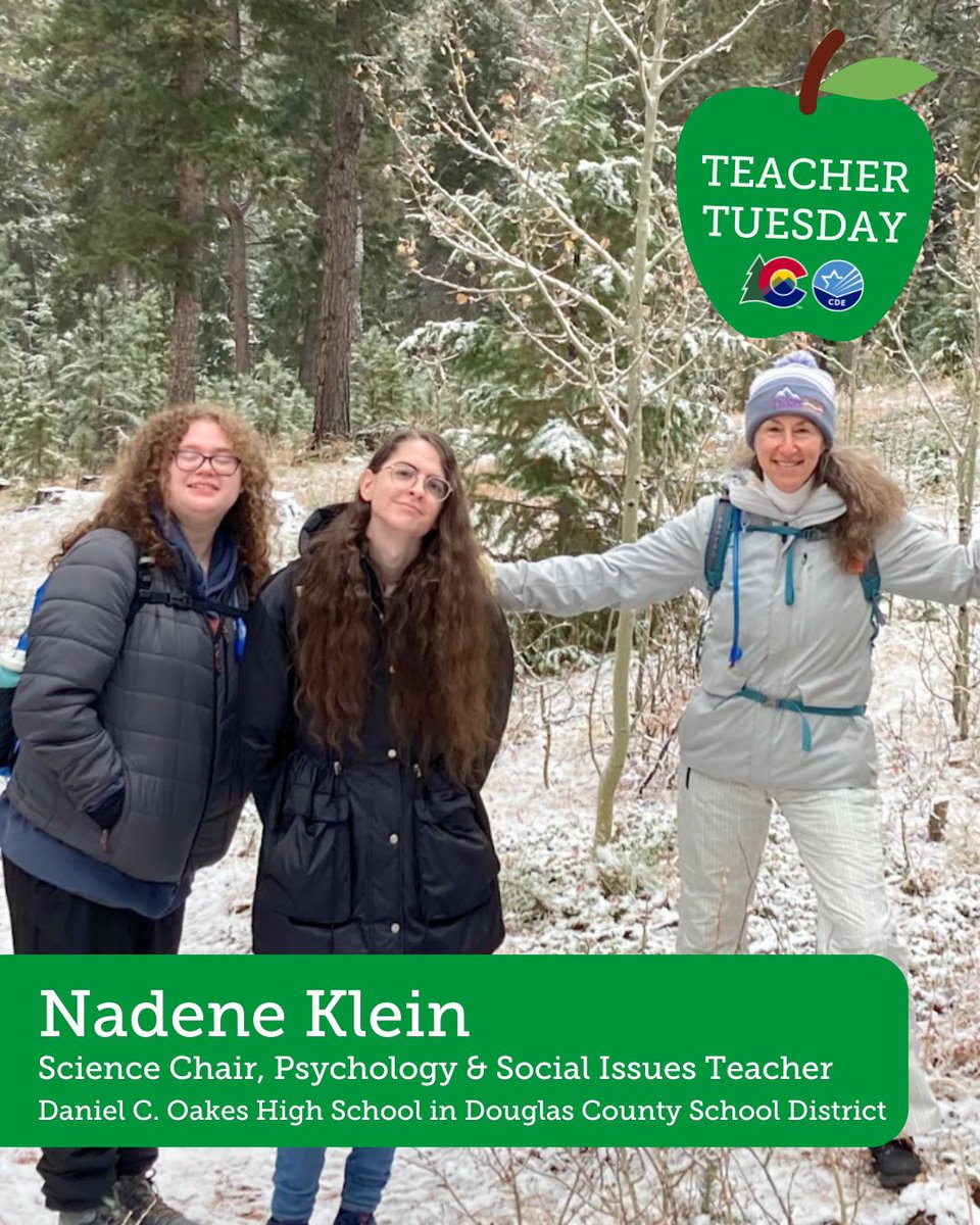 codepted's tweet image. For Teacher Tuesday, we want you to meet Nadene Klein, science chair, psychology and social issues teacher at Daniel C. Oakes High School in @dcsdk12. Outside the classroom, Nadene loves to explore the outdoor