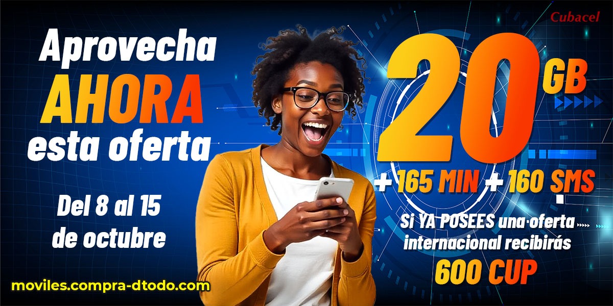 BermudezLidiana's tweet image. 😱 Llegó la NUEVA OFERTA ESPECIAL de Recarga del 8 al 11 de octubre
En moviles.compra-dtodo.com
✅ por 22.76 EUR/23.90 USD recibes BONO ESPECIAL de
2️⃣0️⃣ GB
➕️165 MIN
➕️160 SMS
Si posees alguna oferta o recurso internacional vigente, recibes 600 CUP en tu saldo principal.
#Cuba