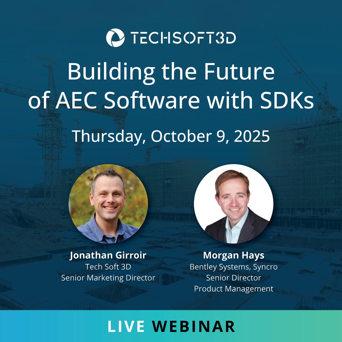 TechSoft3D's tweet image. Calling all AEC developers! 📣
Join Tech Soft 3D’s Senior Marketing Director, Jonathan Girroir, and Bentley Systems’ Director of Product Management, Morgan Hays, for our upcoming webinar.
📅 October 9, 2025
🕓 8:00 PDT / 17:00 CEST
👉 Register now: bit.ly/4oey5ep