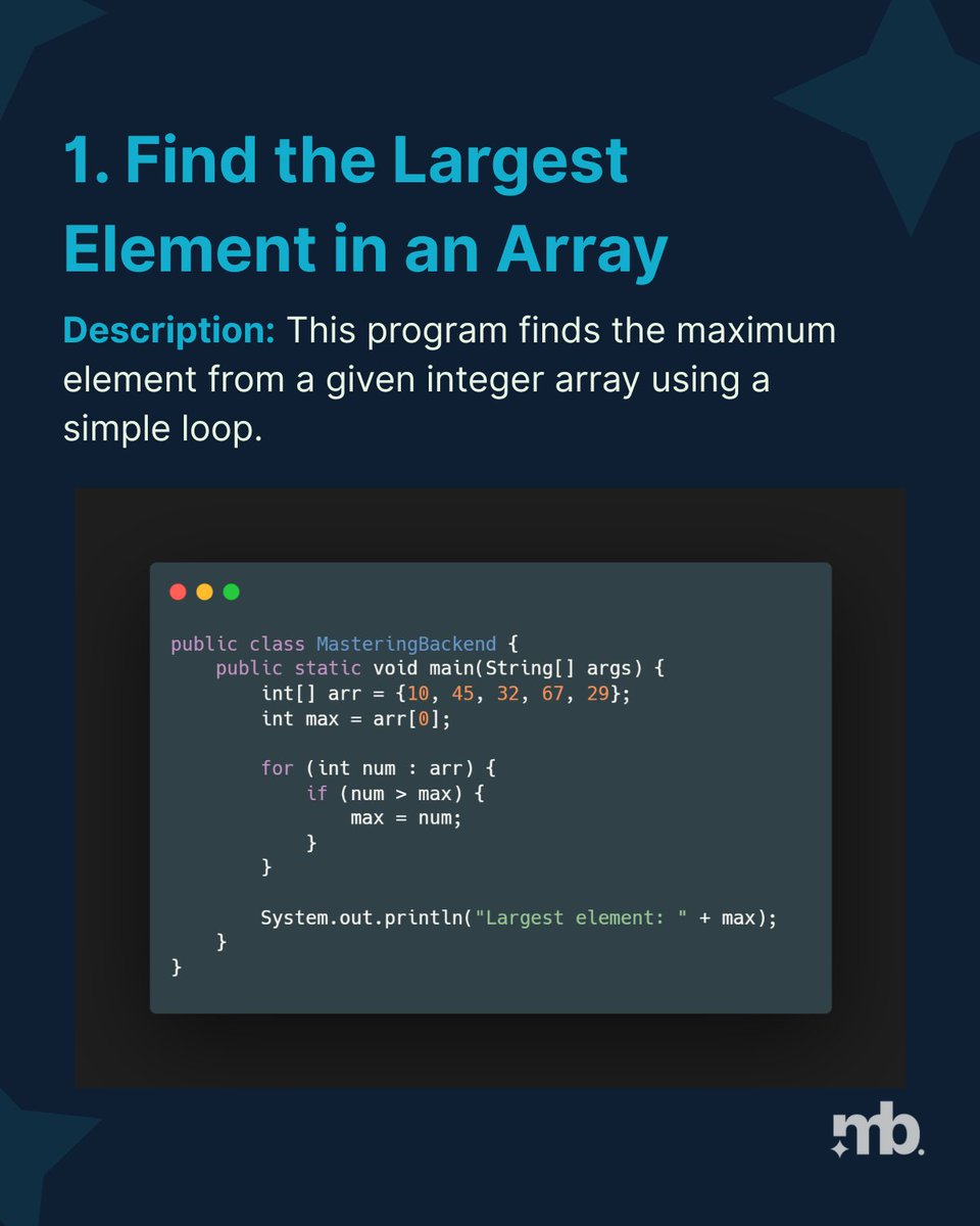 master_backend's tweet image. Java Basics: Find the Largest Element in an Array!

This simple program loops through an array and finds the maximum value. Perfect for beginners starting with

Learn coding step by step with #MasteringBackend

#100DaysOfCode #Coding #Programming #JavaDeveloper #LearnJava