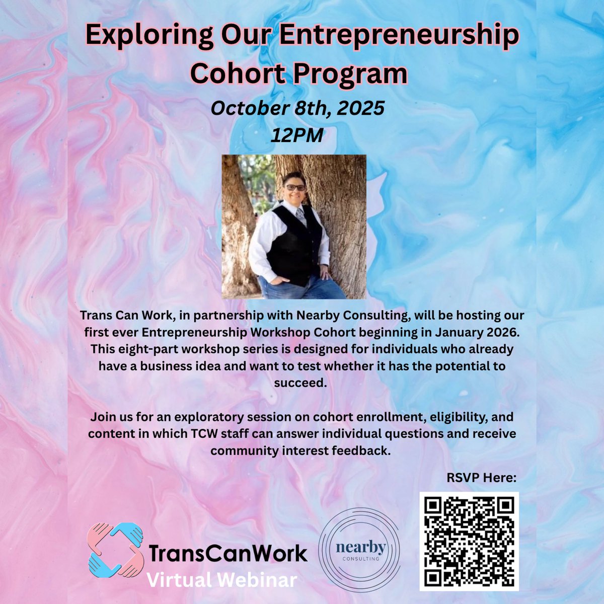 TransCanWork's tweet image. TOMORROW: Join #TransCanWork and Nearby Consulting at 12PM PST as we prepare to launch our first ever entrepreneur cohort series. Make sure you RSVP!