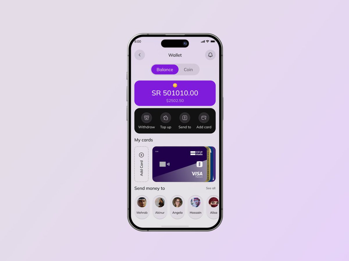 uiuxmahid's tweet image. Fintech Wallet Design – Smart, Secure &amp;amp; Stylish. 
A clean and minimal digital wallet design for effortless money management — view balance, manage cards, and send money seamlessly. 💳✨
#FintechApp #UIDesign #UXUIDesign #WalletApp #FinanceApp #DigitalWallet #MobileAppDeFinance.