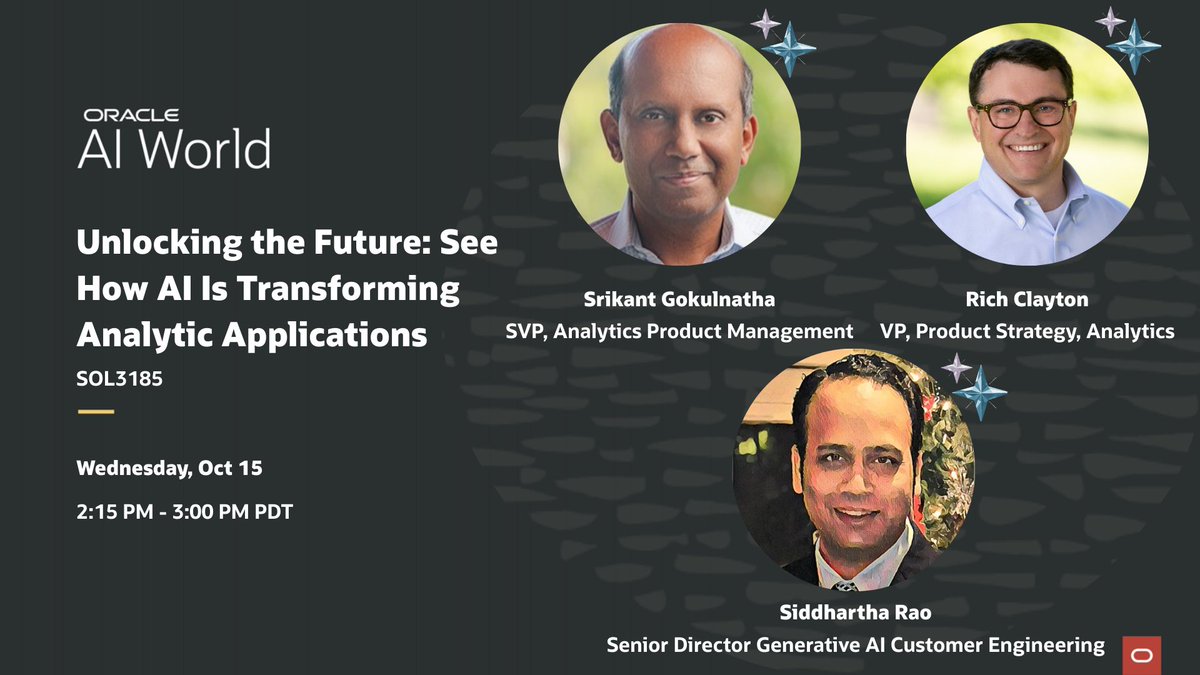 OracleAnalytics's tweet image. Join Oracle leaders Srikant Gokulnatha, Rich Clayton, and Siddhartha Rao at Oracle AI World as they’re joined on stage by industry leading customers and partners to explore how AI is reshaping analytic applications across finance, HR, supply chain, and beyond.

Get an inside look…