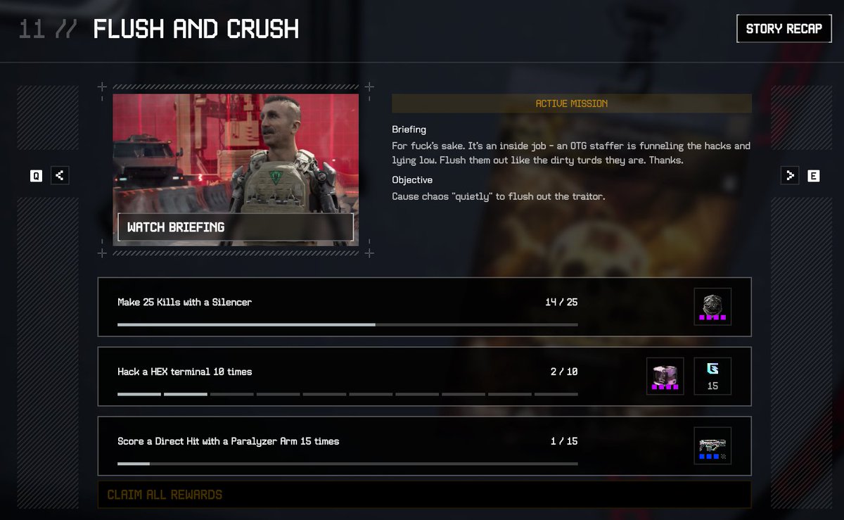 OTG page 11 Campaign
- 25 silenced kills (easy)
- 10 Hack Hex terminal (Hard)
- 15 Direct hits with Paralyzer (Hard)