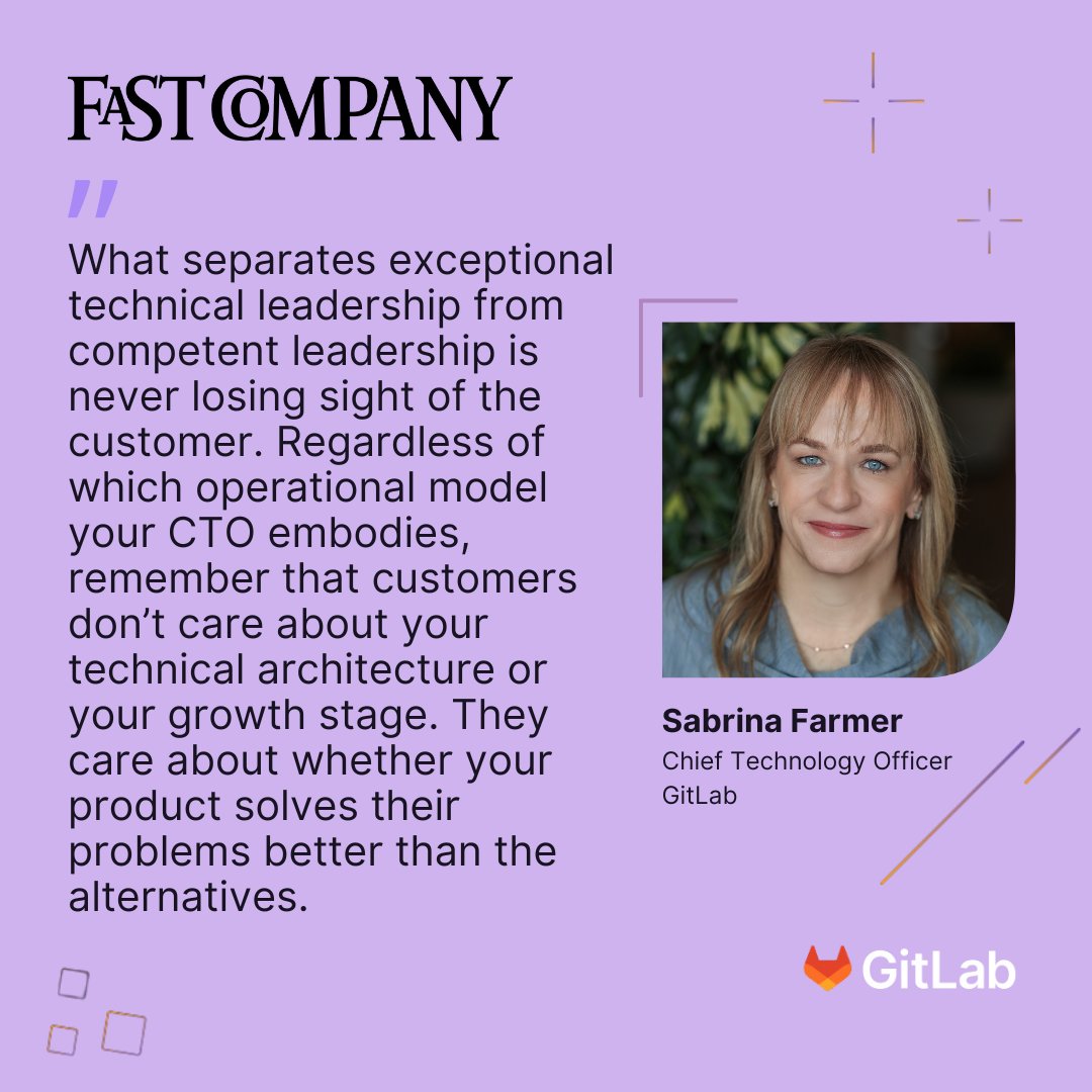 gitlab's tweet image. The best CTOs aren&apos;t defined by a single leadership style—they adapt to what their company needs right now. 

GitLab&apos;s CTO Sabrina Farmer breaks down three operational models: 

1. Builder (create products customers want)
2. Strategist (align tech vision with market realities)
3.…