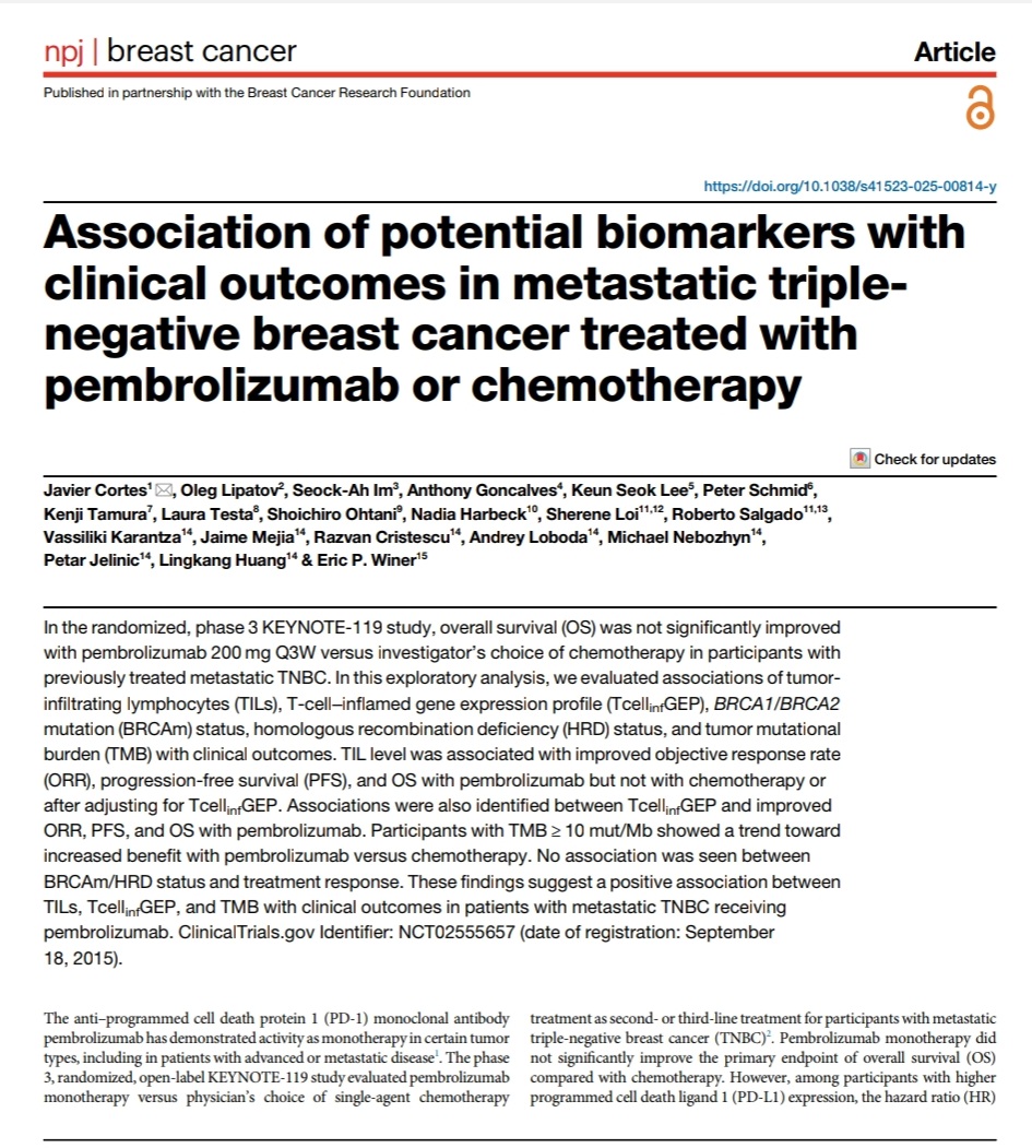MedicalwatchHQ's tweet image. 💫🌟Association of potential biomarkers with clinical outcomes in metastatic TNBC treated with pembrolizumab or chemotherapy
👉 nature.com/articles/s4152…
@JavierCortesMD @ProfAnthoG @ASCOPres @Prof_Nadia_H @LoiSher
🧬 KEYNOTE-119 exploratory biomarker analysis

🔹 TILs ≥5% → ↑…
