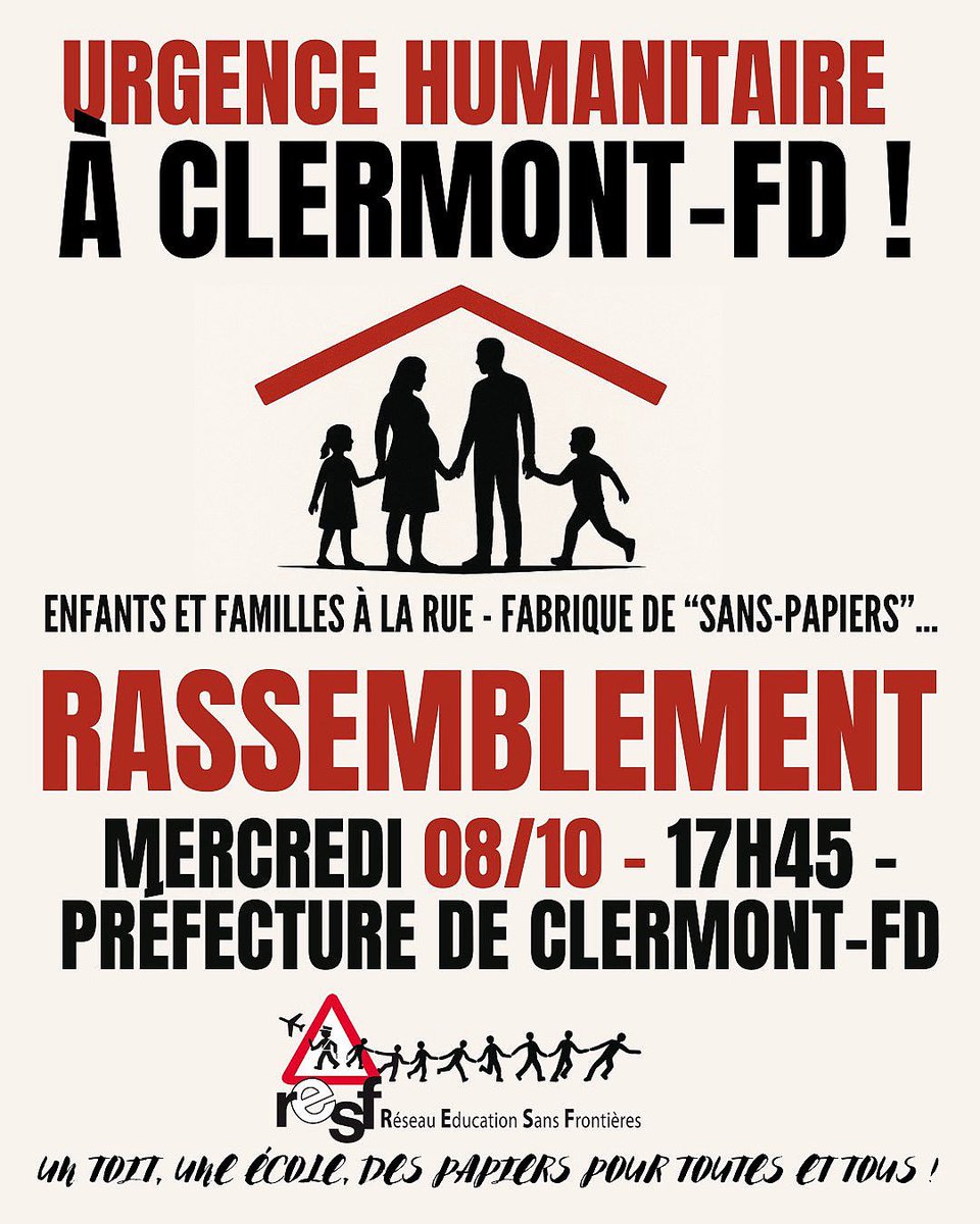 🔴RAPPEL🔴

➡️Soyons nombreuses et nombreux :

📍mercredi 8 octobre à 17h45 devant les marches de la Préfecture de #ClermontFd 

➡️ Contre les mises à la rue d’enfants, de familles, de personnes vulnérables 

Un toit, une École, des papiers pour toutes et tous ✊