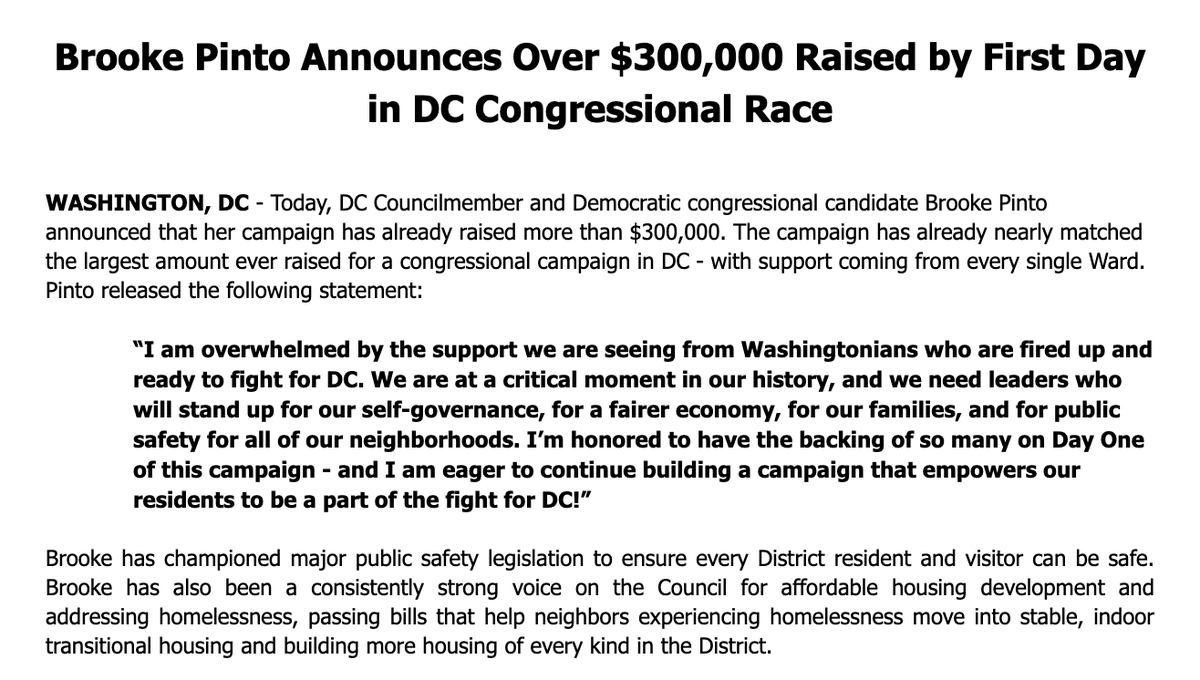 Brooke Pinto, one of two DC city council members who has launched a primary challenge against Del. Eleanor Holmes Norton, says she's raised $300,000 since launching her campaign yesterday.
