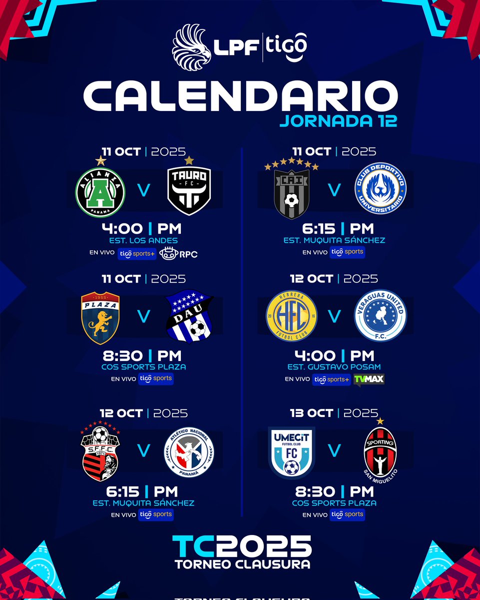 ¡𝐂𝐀𝐋𝐄𝐍𝐃𝐀𝐑𝐈𝐎 𝐉𝟏𝟐! 🗓⚽

Te traemos la jornada doce del Torneo Clausura 2025 de la #LPFTigo 🏆

#NuestroFútbol
