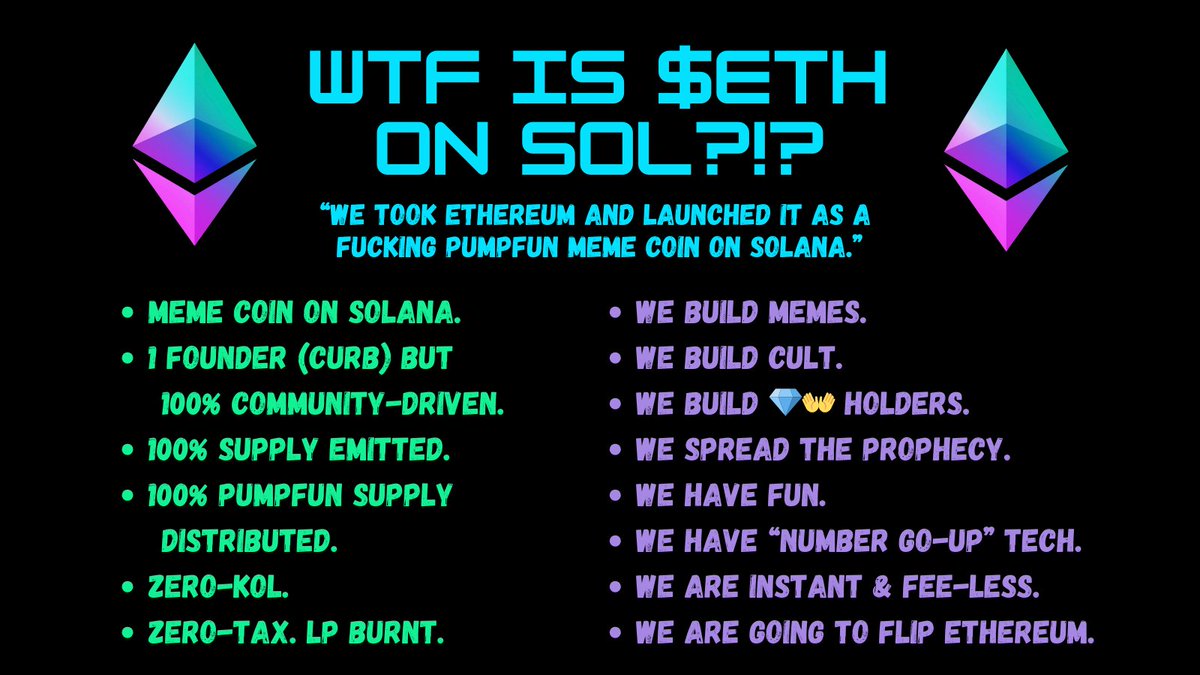 TheTickerIs_ETH's tweet image. What is #ETHonSOL?
Built to be a better Ethereum—faster, cheaper, and greener” powered by Solana’s speed. 🚀
$ETH – meme coin on Solana
2kaRSuDcz1V1kqq1sDmP23Wy98jutHQQgr5fGDWRpump