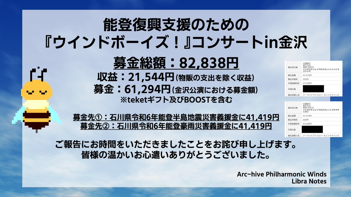 Arc_hive_Phil's tweet photo. 【ご報告📣】
義援金に関してご報告が遅くなりファンの方にご不安を与えてしまい申し訳ございません。
#アークハイブ の #ウインボ金沢公演 における収益及び募金を「令和6年能登半島地震災害」及び「令和6年能登豪雨災害」の義援金として振込み致しましたことをご報告申し上げます。
#がんばろう能登 https://t.co/JFCKibm8Je