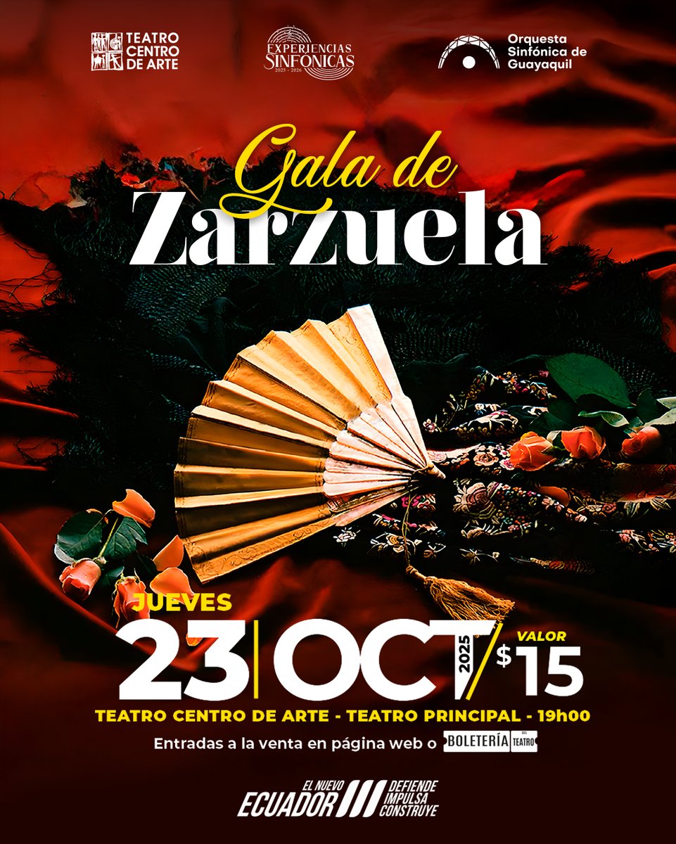 ¡Una cita imperdible! 🪭
Disfruten de un recorrido por obras maestras como Luisa Fernanda, la Revoltosa y doña Francisquita, interpretadas por la Orquesta Sinfónica de Guayaquil y destacados solistas.
Jue. 23 oct | ⏰ 19h00
📍 Teatro Principal 
🎟️ $15 
teatrocentrodearte.org/e-ticket.venta…
