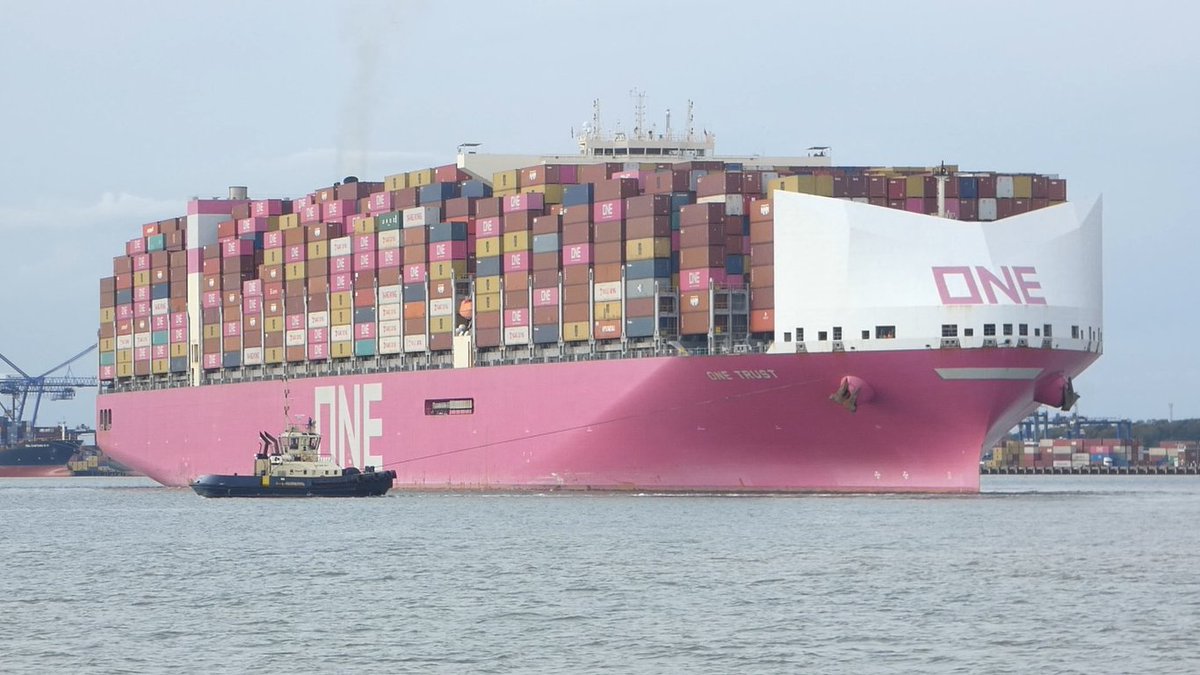 deancable's tweet photo. ONE Trust breaks away from Felixstowe Berth 9 with 2 Svitzer tugs on the ebb tide. 29th September 2025 https://t.co/Oay6rkpRnQ via @YouTube https://t.co/0t6f9RCafJ