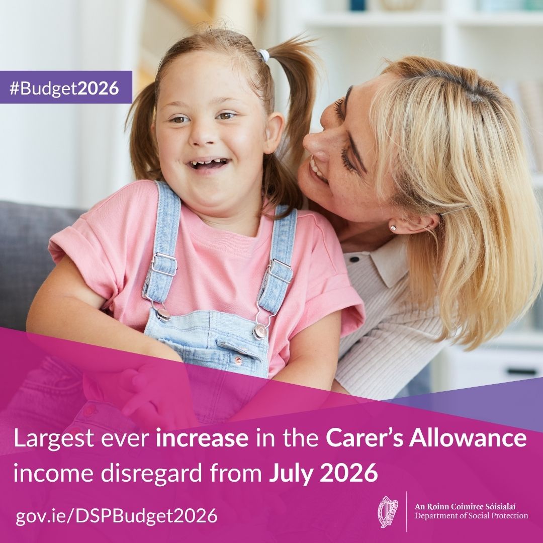 welfare_ie's tweet image. Minister Dara Calleary TD, has today announced a Social Protection Budget package worth over €1.15 billion including record increases in the Carer’s Allowance weekly income disregard.

The full list of Budget measures is available at Gov.ie/DSPBudget2026