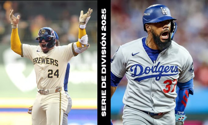 Imagen dividida que muestra al jugador de los Cerveceros de Milwaukee, Jackson Chourio, número 24, con uniforme amarillo y azul, levantando los brazos en celebración después de conectar un jonrón durante un juego de playoffs, y al jugador de los Dodgers de Los Ángeles, Kiké Hernández, número 31, con uniforme blanco y azul, corriendo bases con una expresión intensa en un estadio.