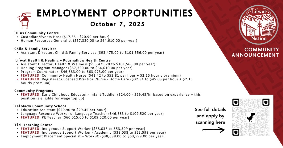 Áma sq̓it | Good day
Please find below the current external employment opportunities available at Líl̓wat Nation. If you have any questions please contact hr@lilwat.ca

Open job postings can be found on the Líl̓wat Nation website: lilwatnation.easyapply.co