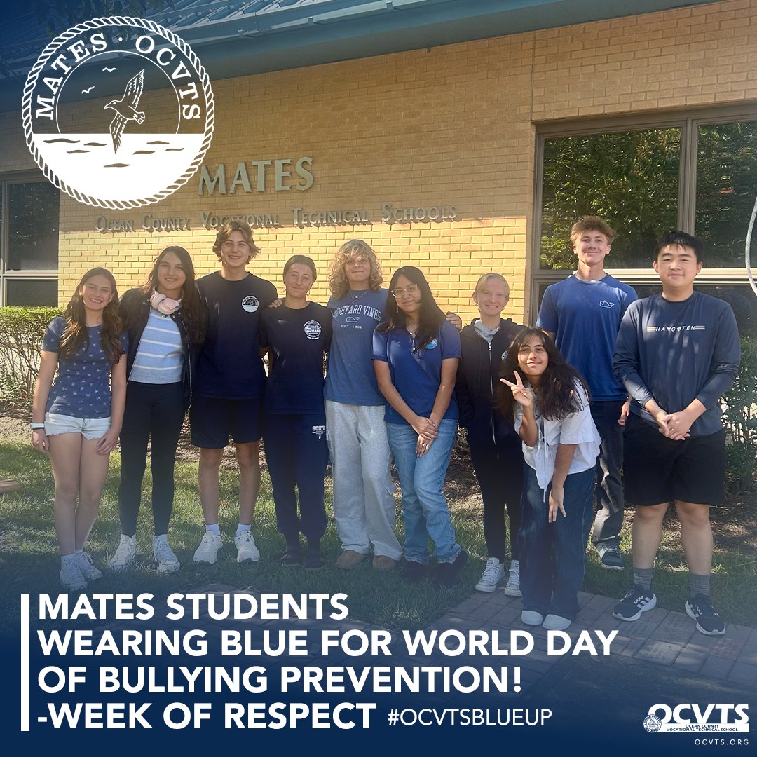OCVTS's tweet image. MATES Starting off “Week of Respect” by Rocking Out Blue for World Day of Bullying Prevention! 💙🧢🌐🎽 MATES students and staff wore blue today to begin the annual Week of Respect! The blue signifies our stance on anti-bullying! #stopbullying #ocvts