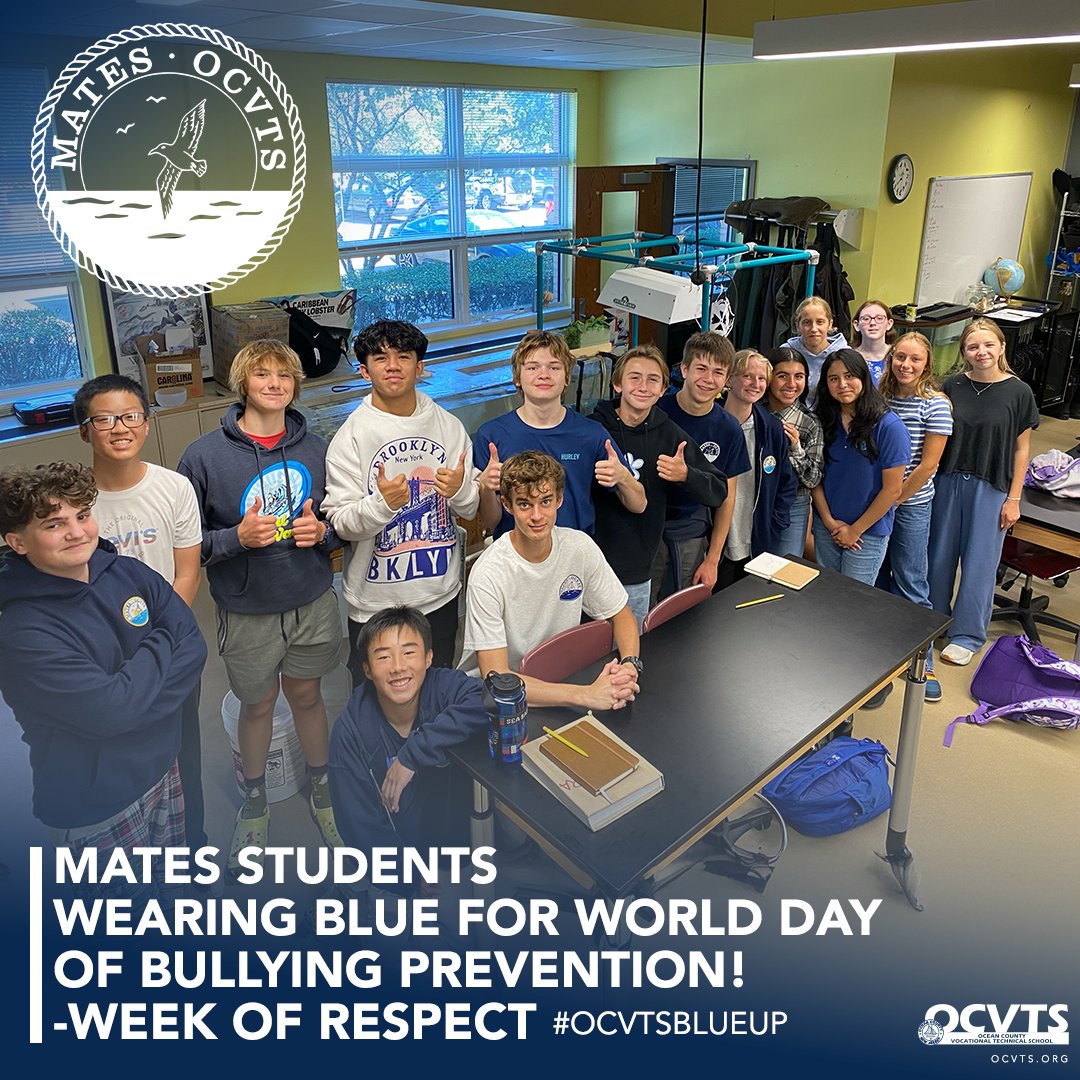 OCVTS's tweet image. MATES Starting off “Week of Respect” by Rocking Out Blue for World Day of Bullying Prevention! 💙🧢🌐🎽 MATES students and staff wore blue today to begin the annual Week of Respect! The blue signifies our stance on anti-bullying! #stopbullying #ocvts