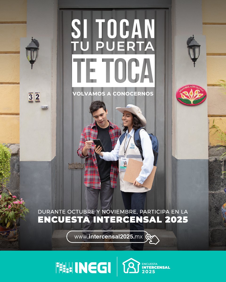SICTmx's tweet image. Si tocan tu puerta, ¡te toca! 
Durante octubre y noviembre, abre la puerta al INEGI y participa en la Encuesta Intercensal #EIC2025. 

¡Volvamos a conocernos!
🔗 Entra a: intercensal2025.mx y explora más información.
